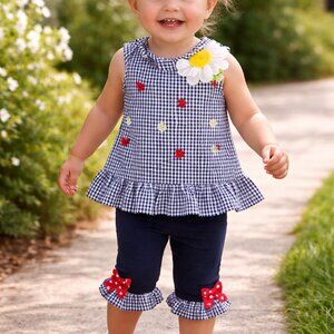 Rare Editions Seersucker Ladybug Bow 2PC Set Top & Capri Size 4T